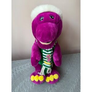 Barney The Dinosaur Vintage 18" Purple  Plush With Green And White Striped Scarf